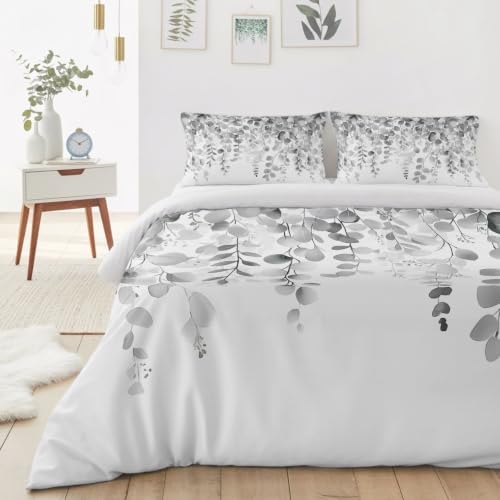 Farmhouse Gray Eucalyptus Leaves on White King Duvet Cover Set, Summer
