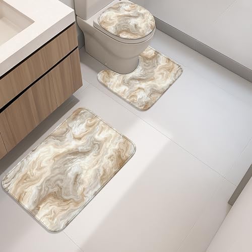 Marbled Beige Bathroom Mat Sets 3 Piece, Elegant Neutral Abstract