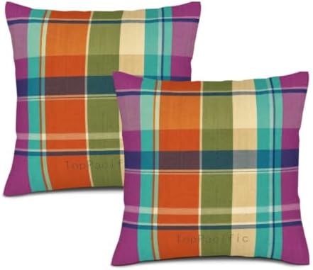Green Orange Tartan Pillow Cover Classic Plaid 22x22 Inch Set of 2