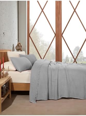 Waffle Weave Bedspread 100% Cotton Queen Size Light Gray Lightweight