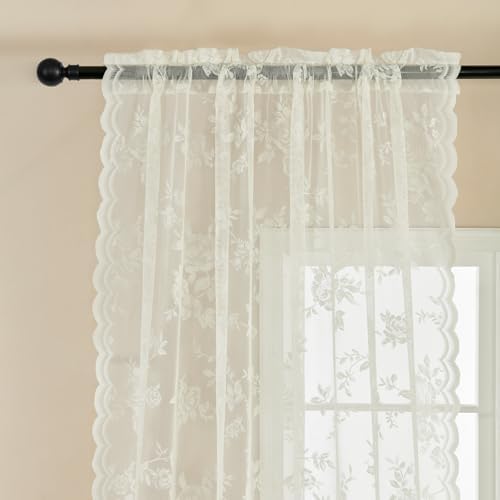 Cream Lace Curtains 120 Inches Long 2 Panels Victorian Floral Sheer