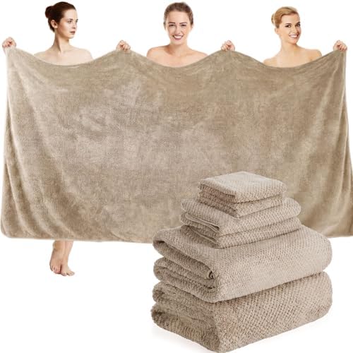 Peryiter 6 Pcs Oversized Bath Towels Set for Adult, Microfiber, Khaki
