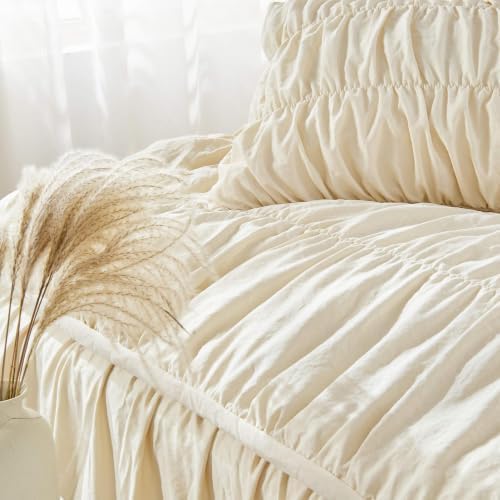3 Piece Ruched Duvet Cover Set, Soft Microfiber Boho Textured Bedding