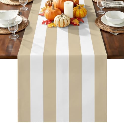 Beige White Striped Cotton Linen Long Table Runner 13 x 108 inch
