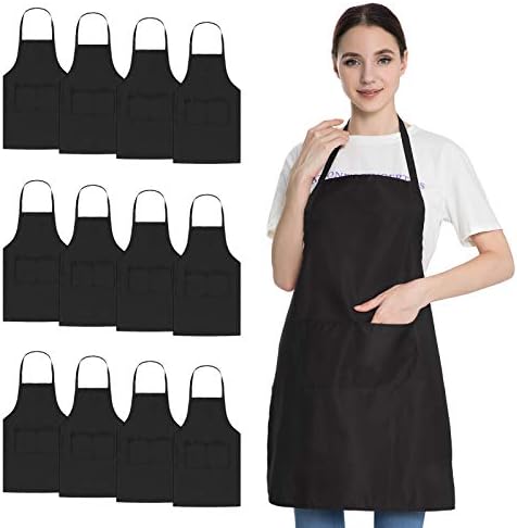 Bib Black Apron for Women Men Adult Chef, 12 Pack Kitchen Aprons Bulk