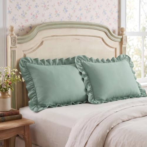 Bedsure Ruffle Pillow Cases Queen Size Set of 2, Green Pillow Shams