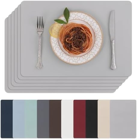 SHACOS Placemats Set of 6 Faux Leather Vinyl Place Mats, Grey
