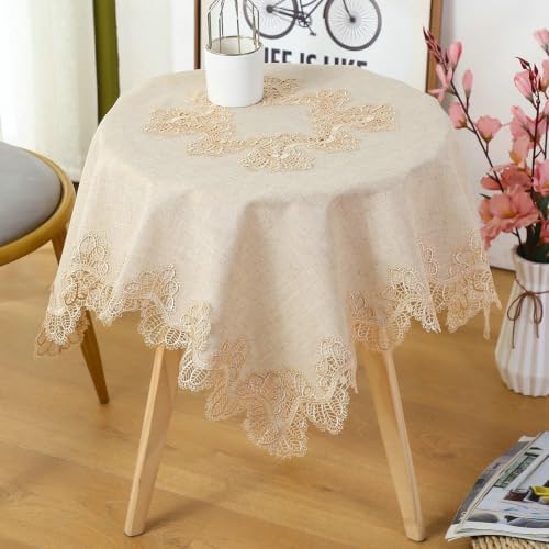 Beydodo Table Cloth Round Cover 70 inch, Linen Look with Lace Trim