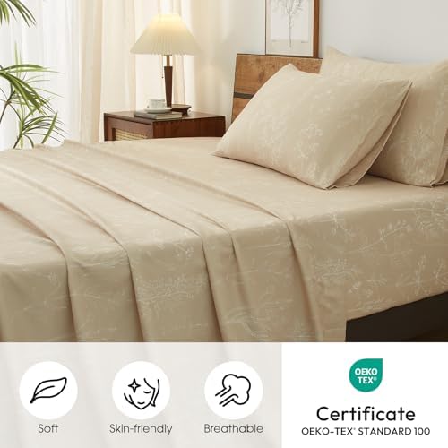 HYPREST Beige Sheets California King, 18" Deep Pocket, Floral Pattern