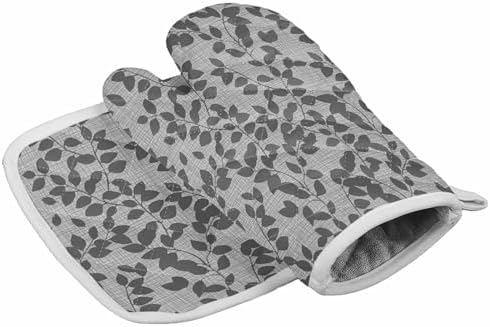 Quilted Cotton Terry Cloth Oven Mitt, Pot Holder Plant Leaves Gray