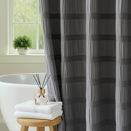 Grey Shower Curtain Boho, Cotton Blend Waffle Shower Curtain Chic