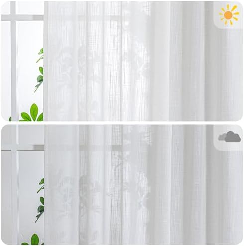 MYSKY HOME Natural Linen White Curtains 84 Inches Long, Semi Sheer