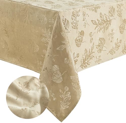 Elegant Woven Leaves Jacquard Damask Tablecloth, Taupe - 60" W x 102"
