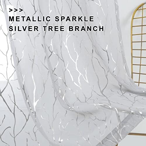 FINECITY Grey Sheer Curtains with Silver Branch W52 x L63 Inch, 2
