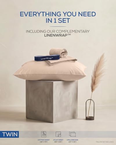 Luxury T1500 Twin Sheet Set with LinenWrap 3 Piece Soft Sheets - Beige