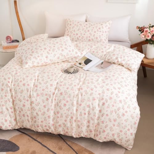 Floral Duvet Cover Set Queen Size, 3 Pieces Pink Flower and Green Leaf