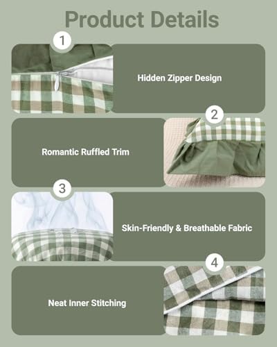 2 Pack Ruffled Gingham Throw Pillow Covers 18x18 Green Plaid