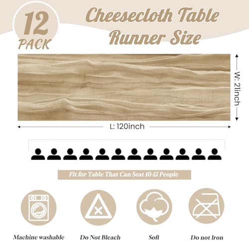 12Pack Beige Cheesecloth Table Runners 10FT Gauze Table Runner