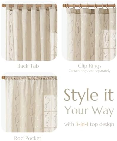 jinchan Beige Leaf Voile Embroidered Curtains 96 Inch Back Tab 2