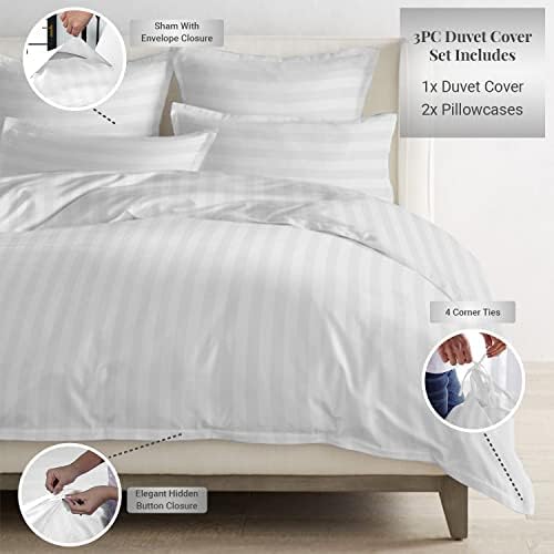 Pizuna Cotton Queen Duvet Cover Set 300 Thread Count Stripe White