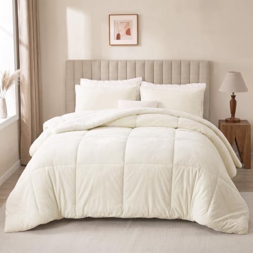 Fluffy Sherpa King Comforter Set, Thick Bedding Set 3 Pieces, Cream
