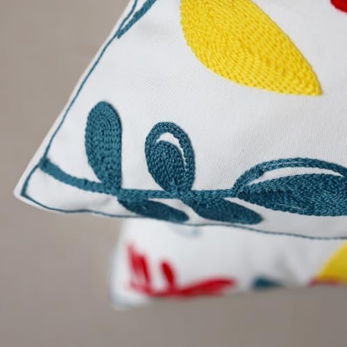 Decorative Throw Pillow Cover with Embroidered Floral Design, White