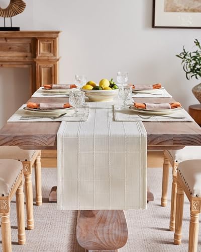 ZeeMart Linen Checked Farmhouse Table Runner, 13x90 Inches Ivory