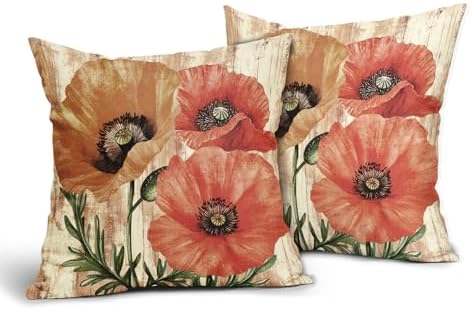 Vintage Red and Orange Floral Throw Pillow Covers 18x18 Inch Set of 2