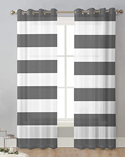 Grey Stripes Sheer Curtains 63 Inch Length Grommet Semi Sheer Drapes