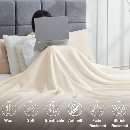 Hansleep Full Beige Fleece Blanket, Soft Flannel Bed Blanket