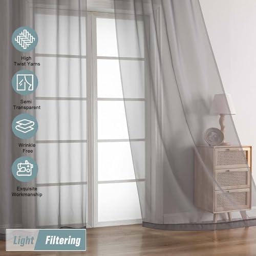 Grey Sheer Curtains 63 Inch Length 2 Panels, Voile Sheer Curtain for