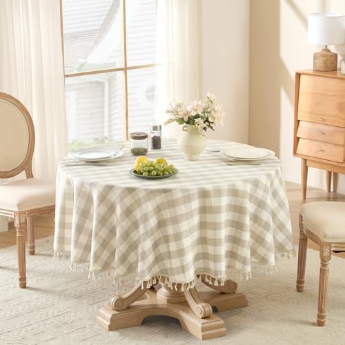 Softalker Gingham Round Tablecloth with Tassel, Beige, 70" x 70"