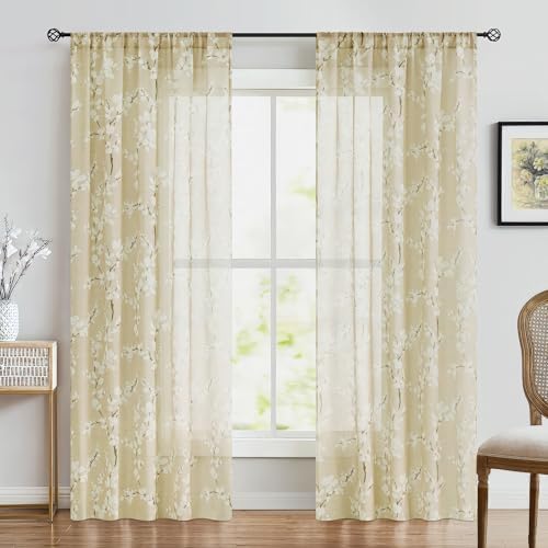 FMFUNCTEX Linen Sheer Blossom Floral Print Curtains Cream 63 Inch 2