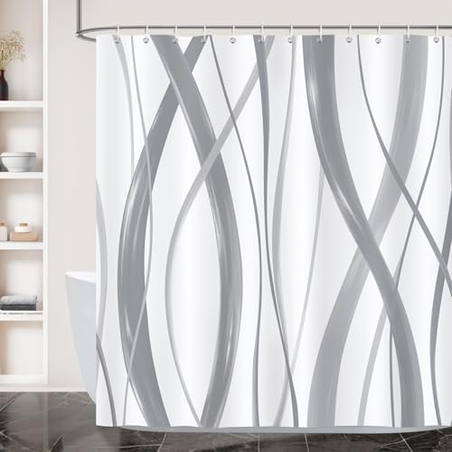 Bonhause Grey and White Striped Shower Curtain, Abstract Wavy Lines