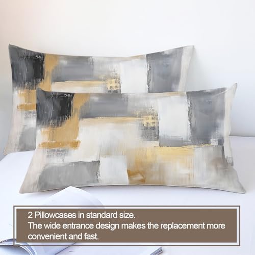 Gold Gray Block Comforter Set King Brush Stroke Duvet Cover Set