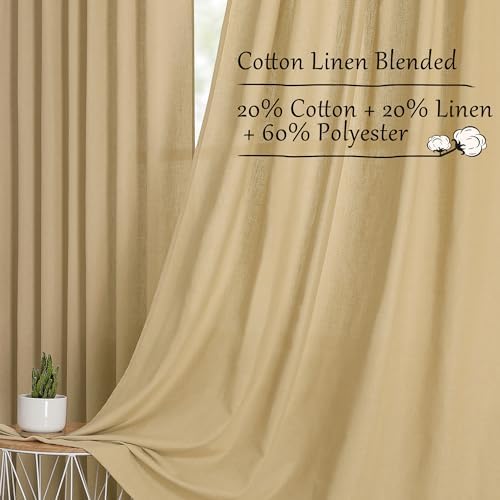 Tollpiz Beige Linen Cotton Curtains Back Tab Bedroom Semi Sheer