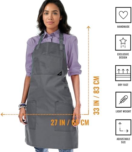 Under NY Sky Chef Apron, Smart Pockets, Cotton Straps, Unisex, Gray