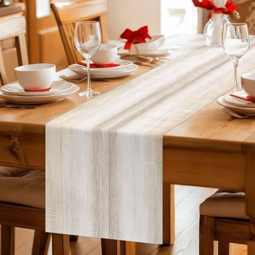 Khaki Table Runner 72 inches Long Abstract Light Beige Ombre Linen