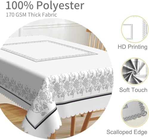 Elegant Grey and White Floral Square Tablecloth 70x70 Inch