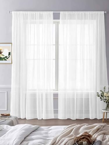 Pure White Sheer Curtains 108 Inches Long 2 Panels, Semi Sheer Rod