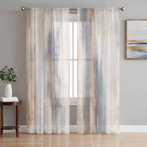 Beige Gray Sheer Curtains 63 Inch Length 2 Panels, Abstract Grunge