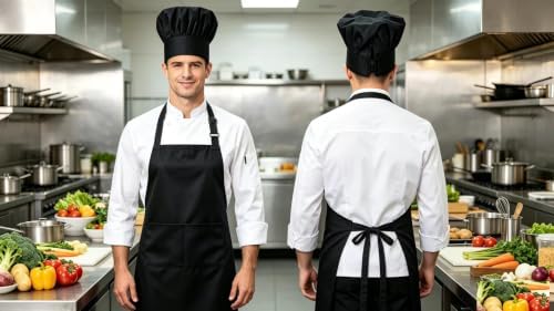 Black Chef Apron and Hat Set, 12 Aprons + 12 Hats, Bulk Pack