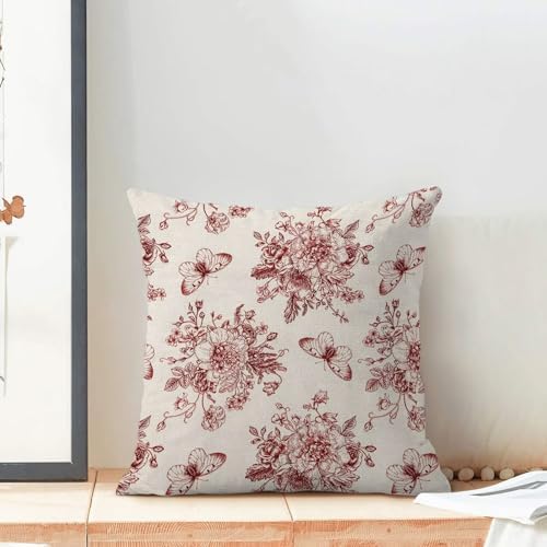 Chinoiserie Wine Red Floral Pillow Covers 18x18 Set of 2, Chinoiserie