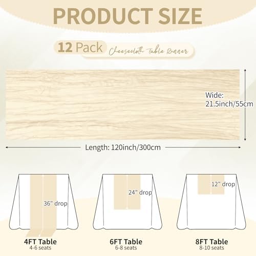 12 Pack Ivory Cheesecloth Table Runner 10Ft, Gauze Table Runners 21.5