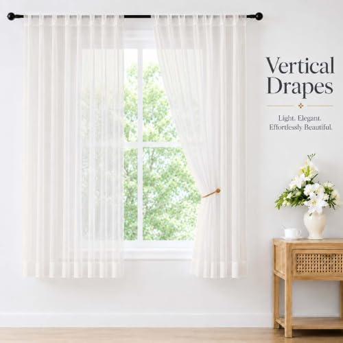 Chyhomenyc Extra Long Ivory Sheer Curtains 108 inch Long, 2 Panels