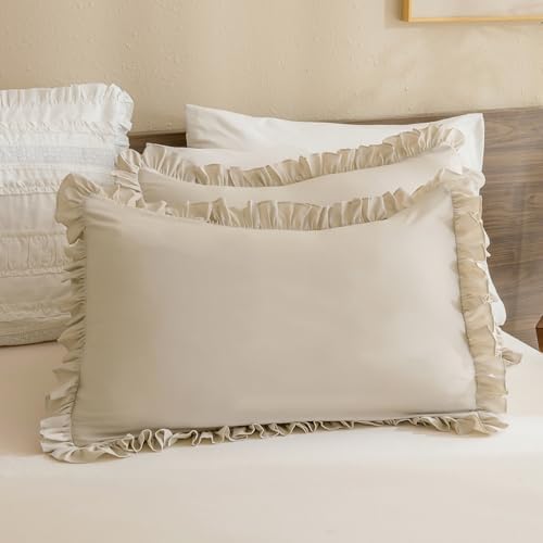 QSH Wheat Ruffled Pillow Shams Queen Size Set of 2, Shabby Farmhouse
