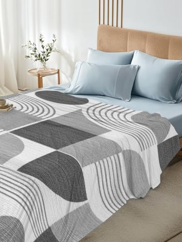 Cal King Size Flat Sheet Only, Gray Color Block Abstract Geometric Bed