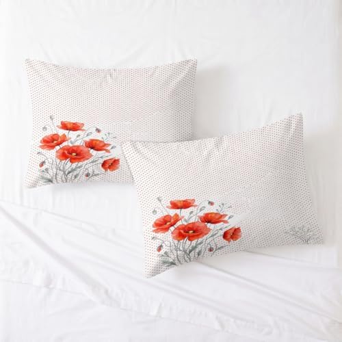 King Duvet Cover Set Soft Microfiber Red Poppies Small White Flowers