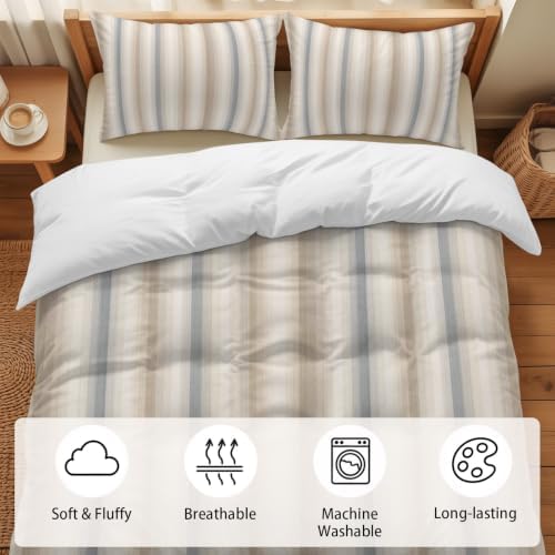 Duvet Cover Queen Size, Brown Gray Striped 3-Piece Bedding