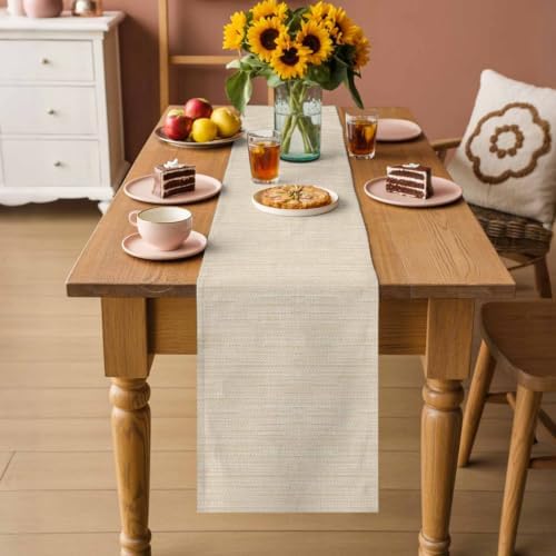 Modern Boho Table Runner 108 Inches, Solid Color Linen Texture Beige